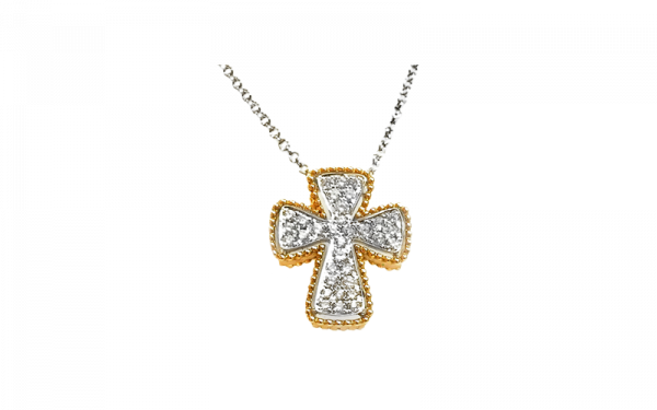 18ct two tone diamond set cross including chain